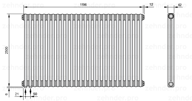 Схема (чертеж) Радиатор Zehnder Charleston 2250/26 №3370 Белый глянцевый RAL 9016